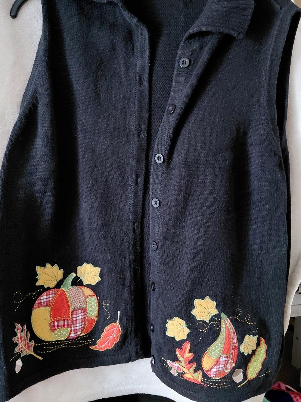 breckenridge Black Button-Front Womans Appliqué Fall Vest